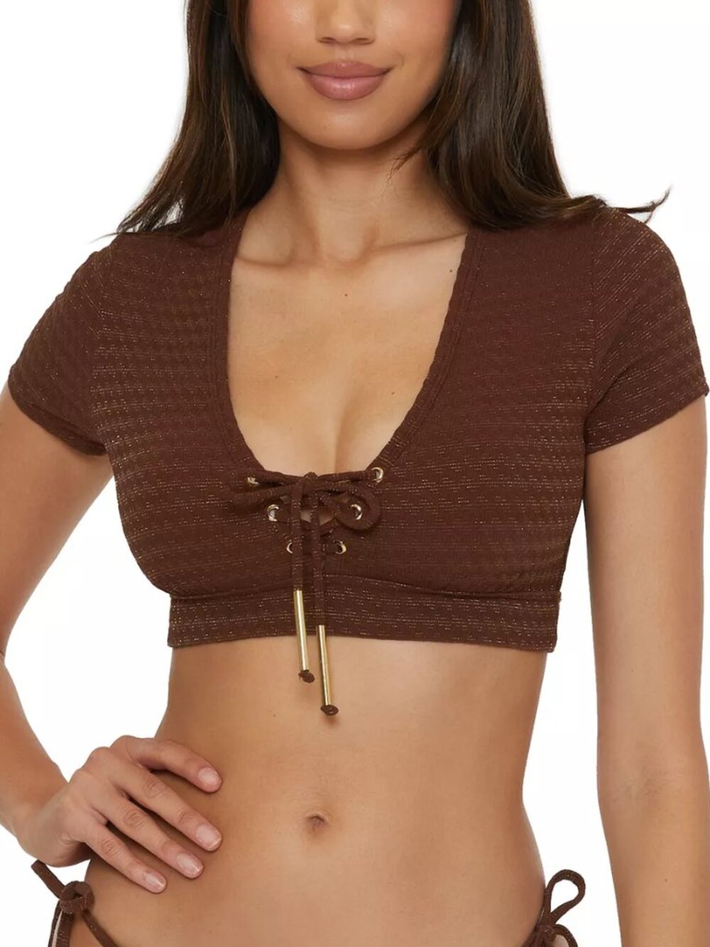 NWT Trina Turk Glimmer Lace Up Crop Swim Tee Top New Metallic 6
